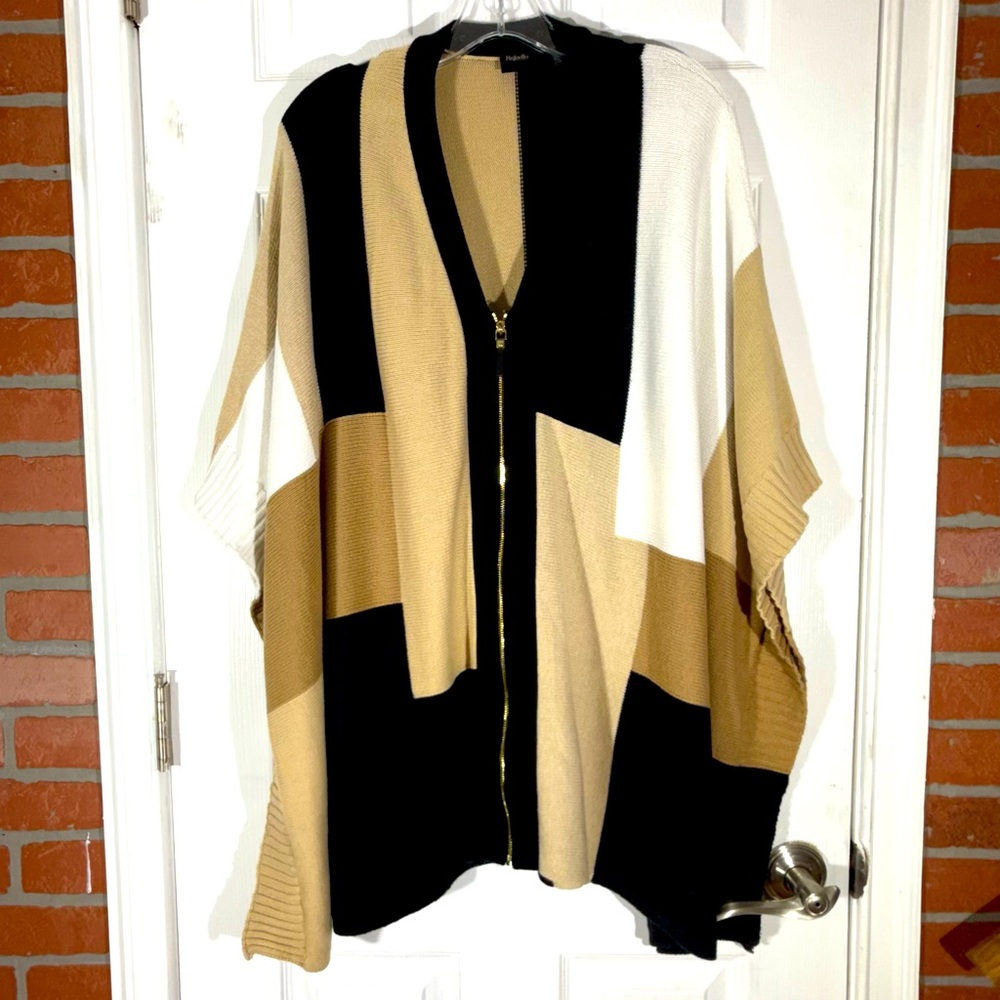 Rafaella Color Block Intarsia Poncho Sweater Womens L Black with Earth Colors